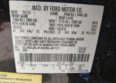 2013 Lincoln Mkx из США, поврежденный, VIN 2LMDJ6JKXDBL48121